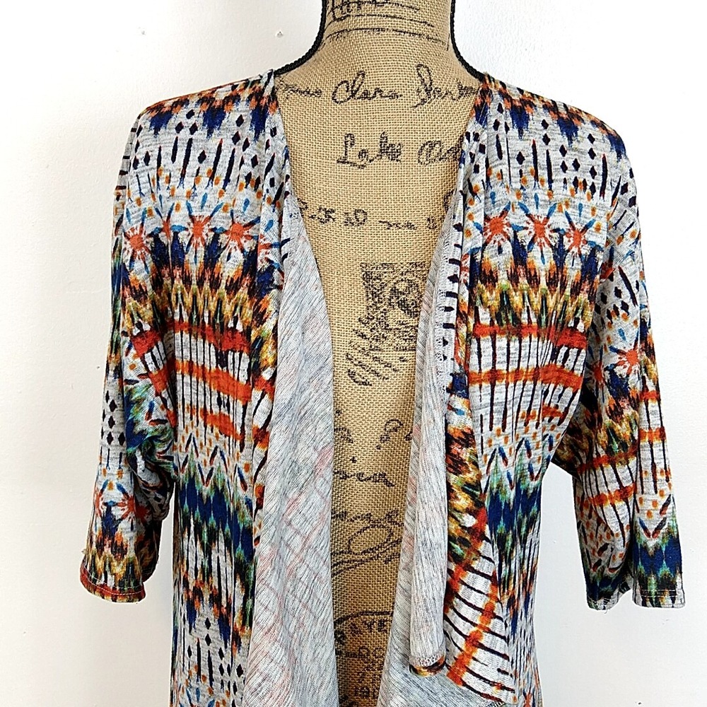LuLaRoe Lindsay Kimono Women Medium Multicolor Geometric Ikat Open Cardigan - Picture 2 of 8